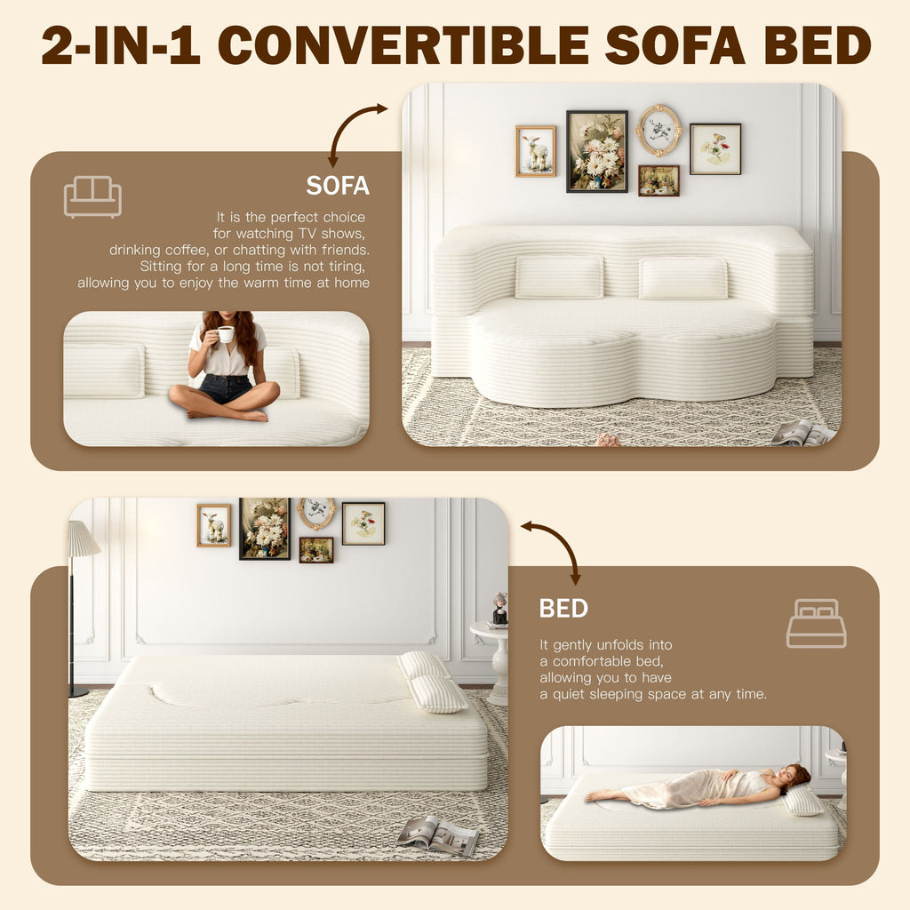 Convertible Floor Sofa with 2 Pillows - Twin Size Corduroy - White or Gray