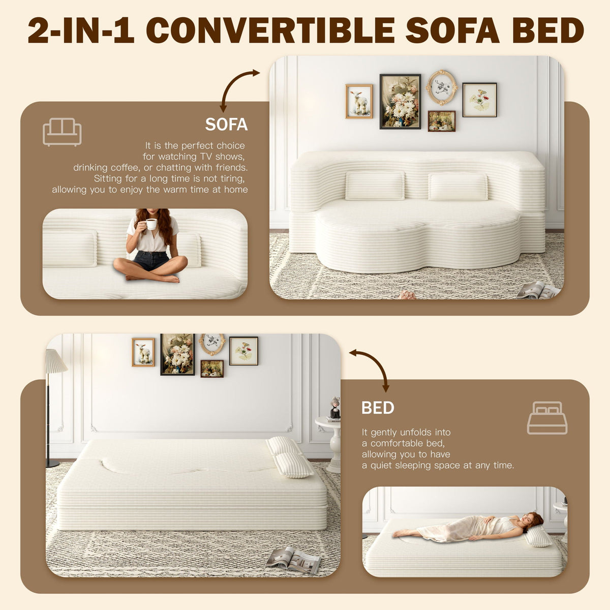 Convertible Floor Sofa with 2 Pillows - Twin Size Corduroy - White or Gray
