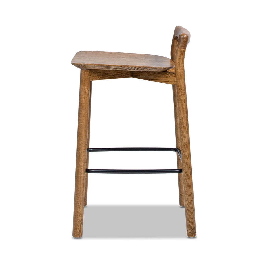 Modern Minimalist Low Back Counter Stool with Ash Wood Construction - Dark Brown Walnut