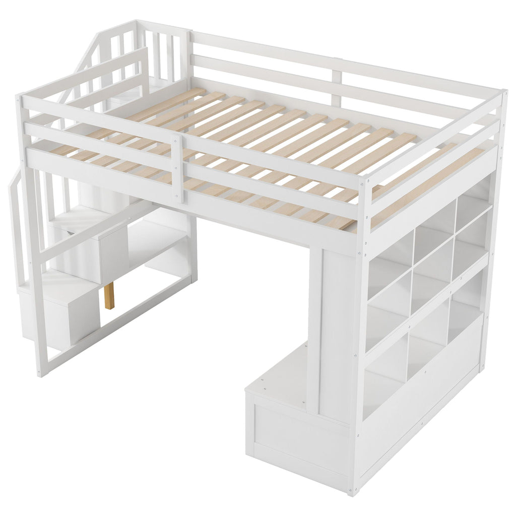 Full Size Loft Bed with Desk, Drawers & Storage Staircase - White