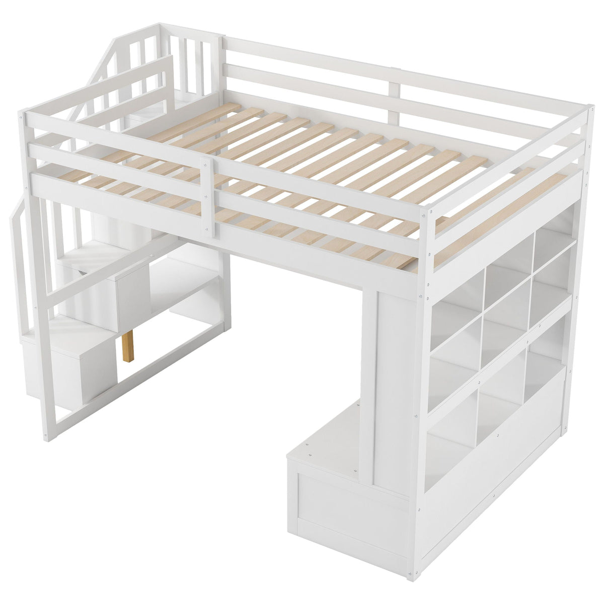 Full Size Loft Bed with Desk, Drawers & Storage Staircase - White