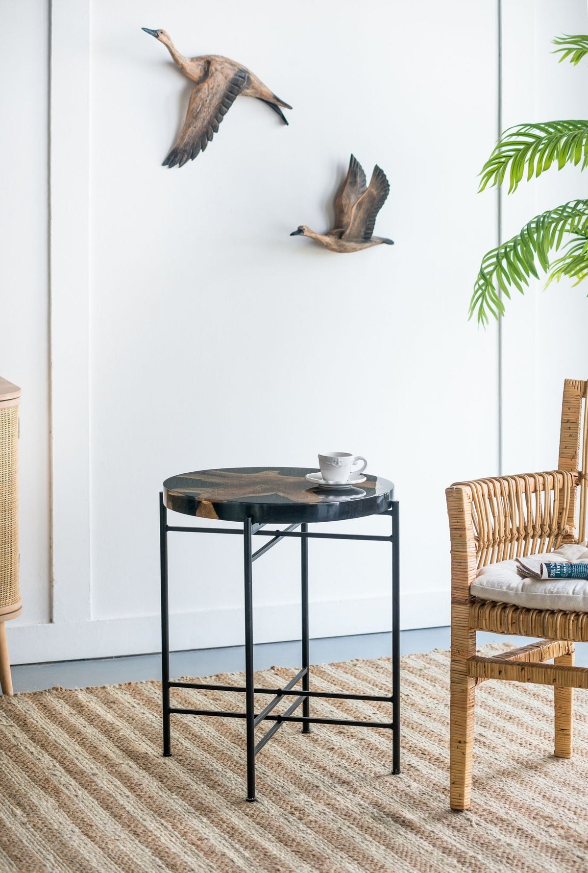 Black and Brown Side Table with Teak Root Wood and Iron Frame
