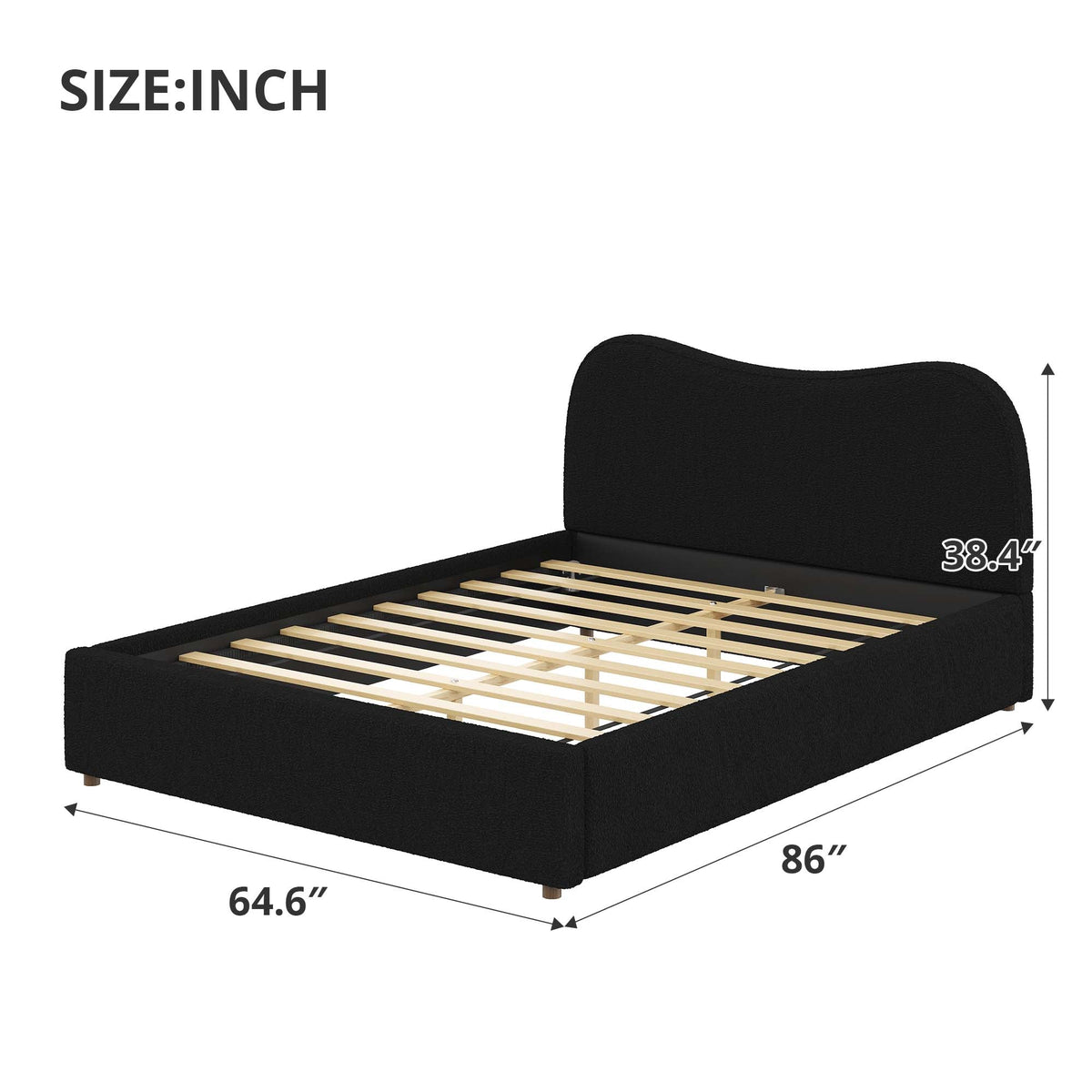 Queen Size Upholstered Platform Bed with Wooden Slats - Black or White