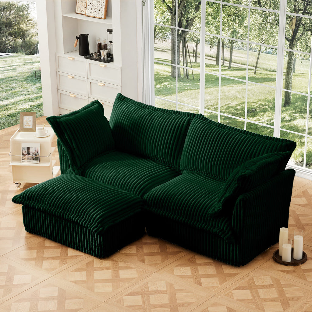 Slipcovered Sectional 2 Seater Sofa with Convertible Ottoman