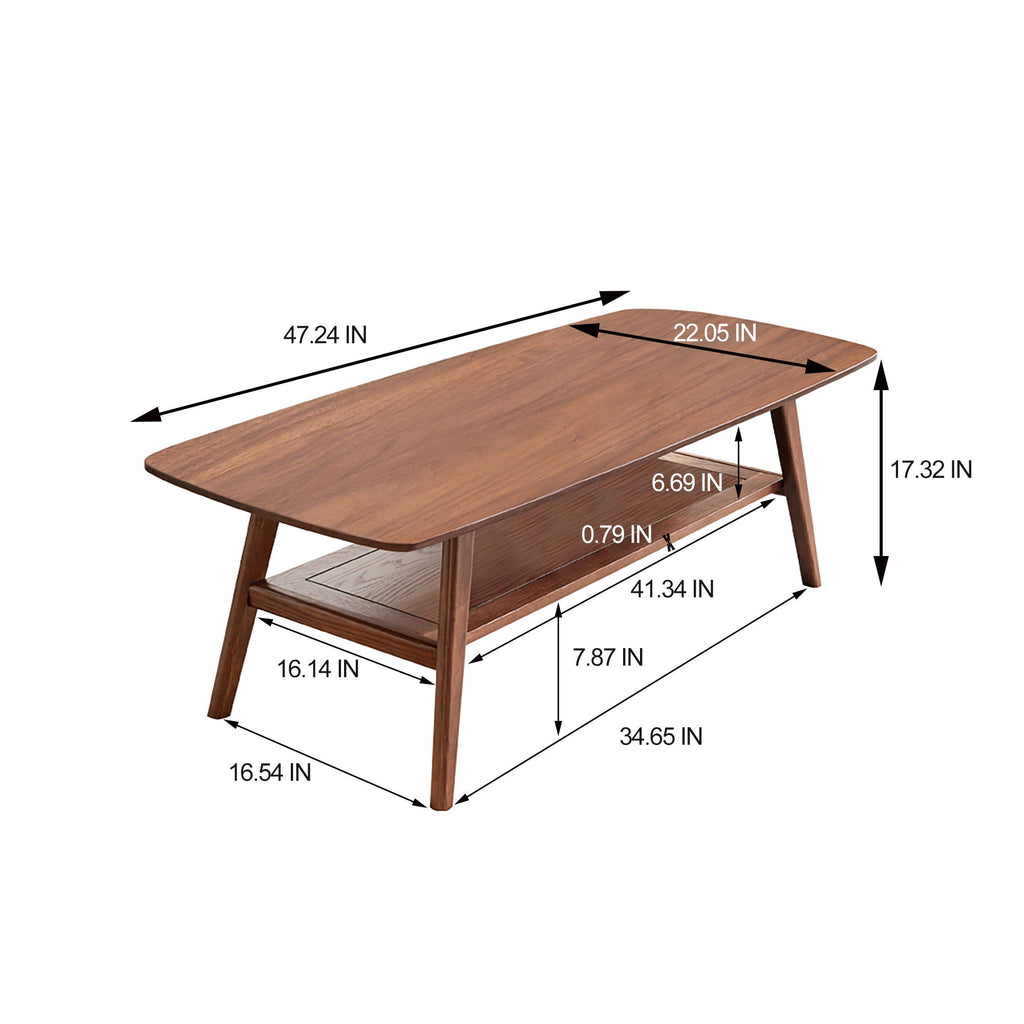 Low Coffee Table with Storage Shelf - Solid Oak - Light or Dark Brown