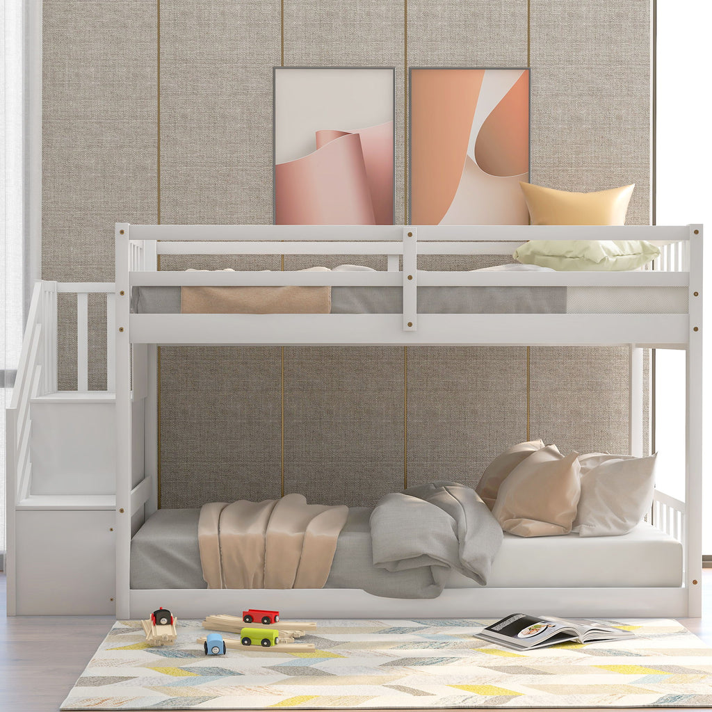 Twin Over Twin Floor Bunk Bed with Ladder Storage - White or Dark Gray