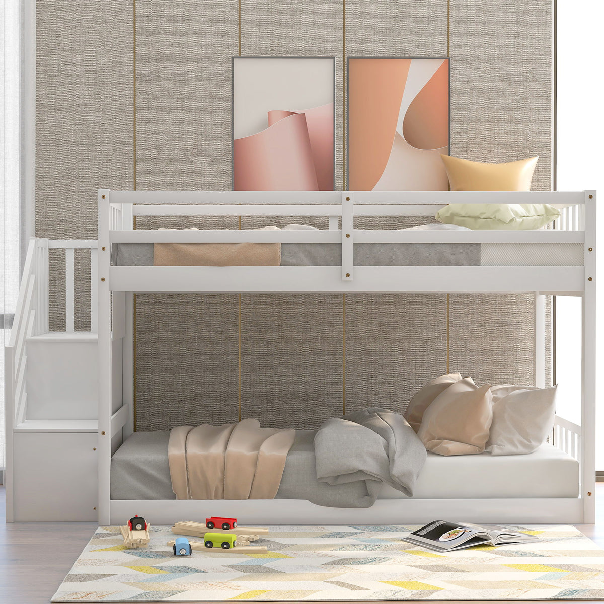 Twin Over Twin Floor Bunk Bed with Ladder Storage - White or Dark Gray