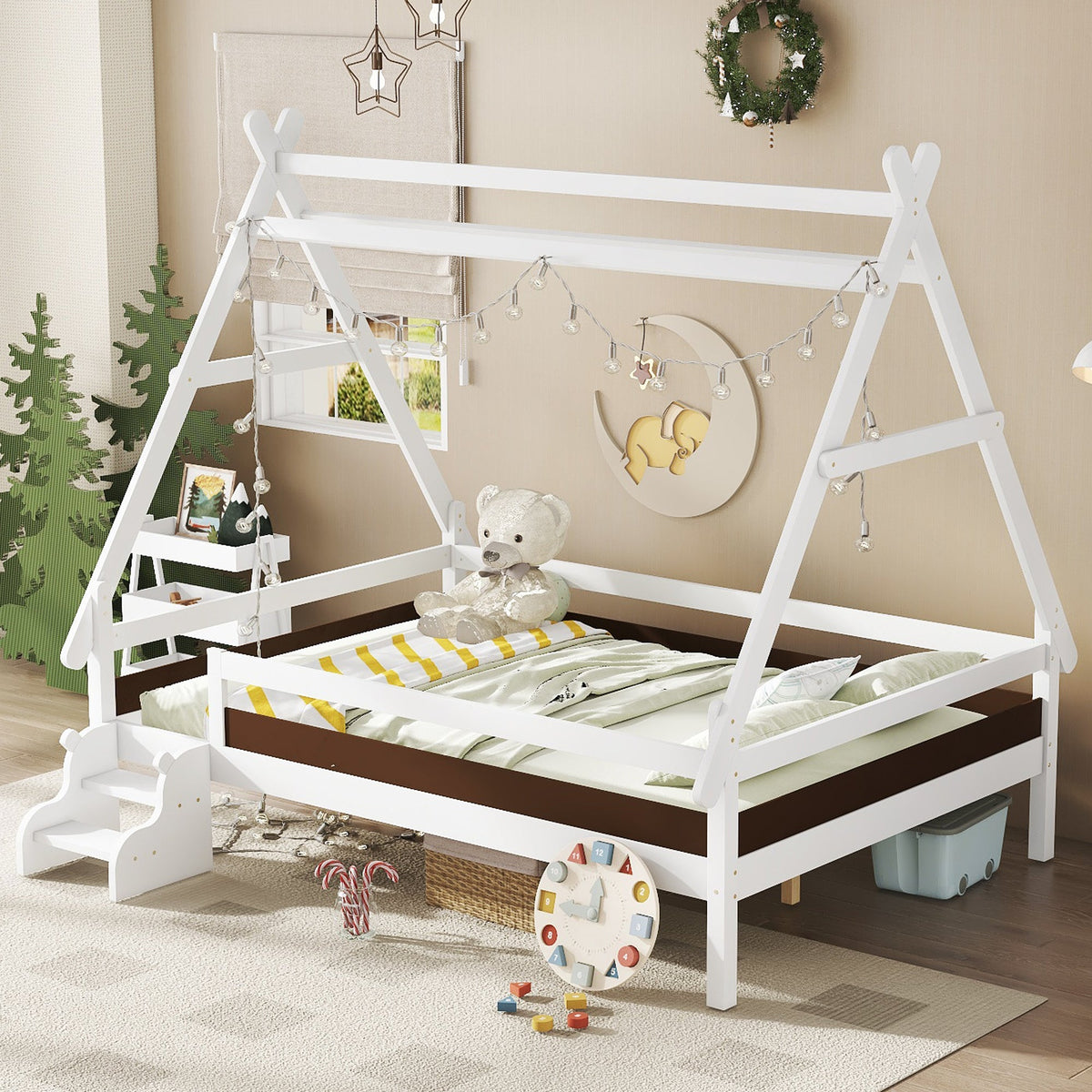 Full House Platform Bed with Stairs - Solid Wood Frame
