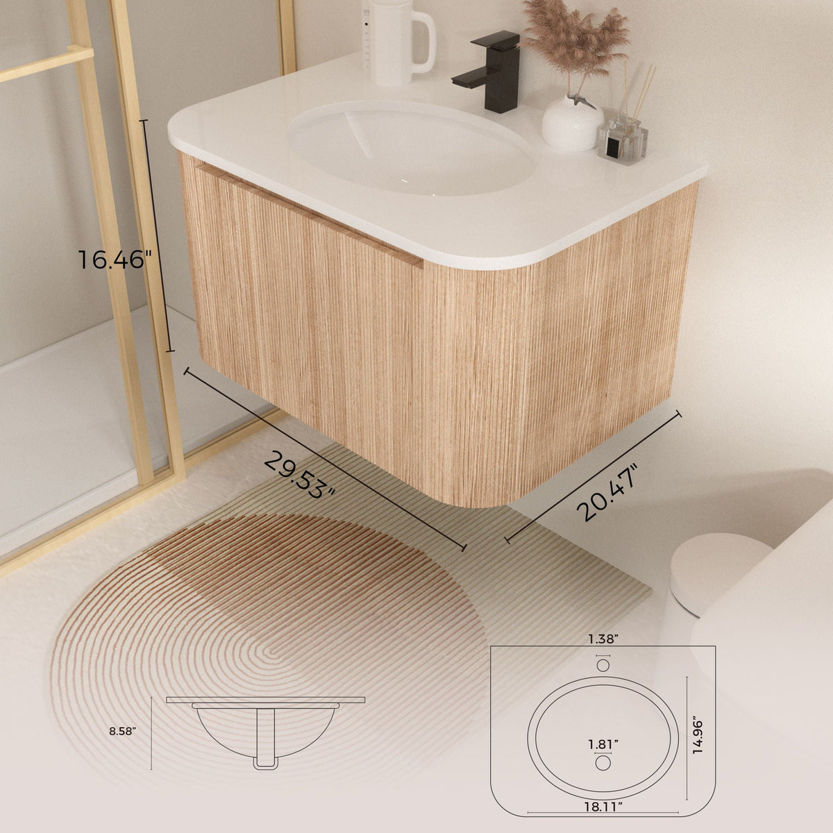 Light Brown Wall Mounted Bathroom Vanity with Sink - Curved Front