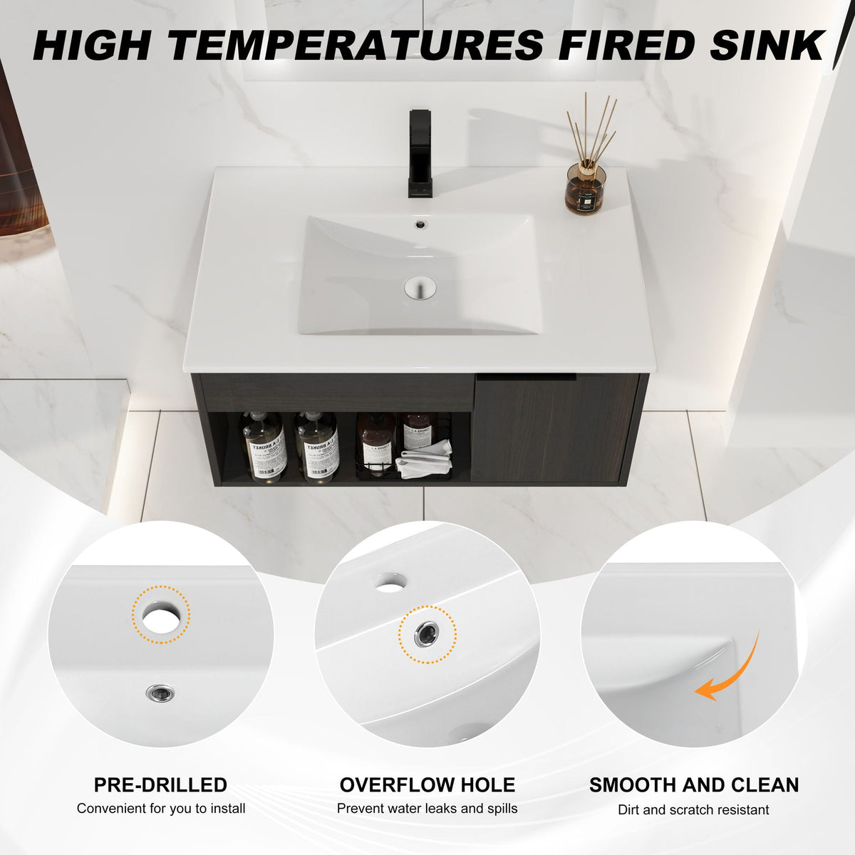 Wall Mounted Floating Bathroom Vanity with Open Shelf & Soft Close Door - Dark Brown