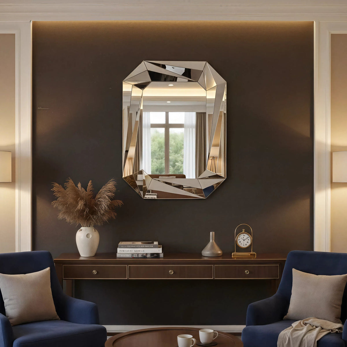 Diamond Shaped Large Wall Mirror with Frameless Modern Design