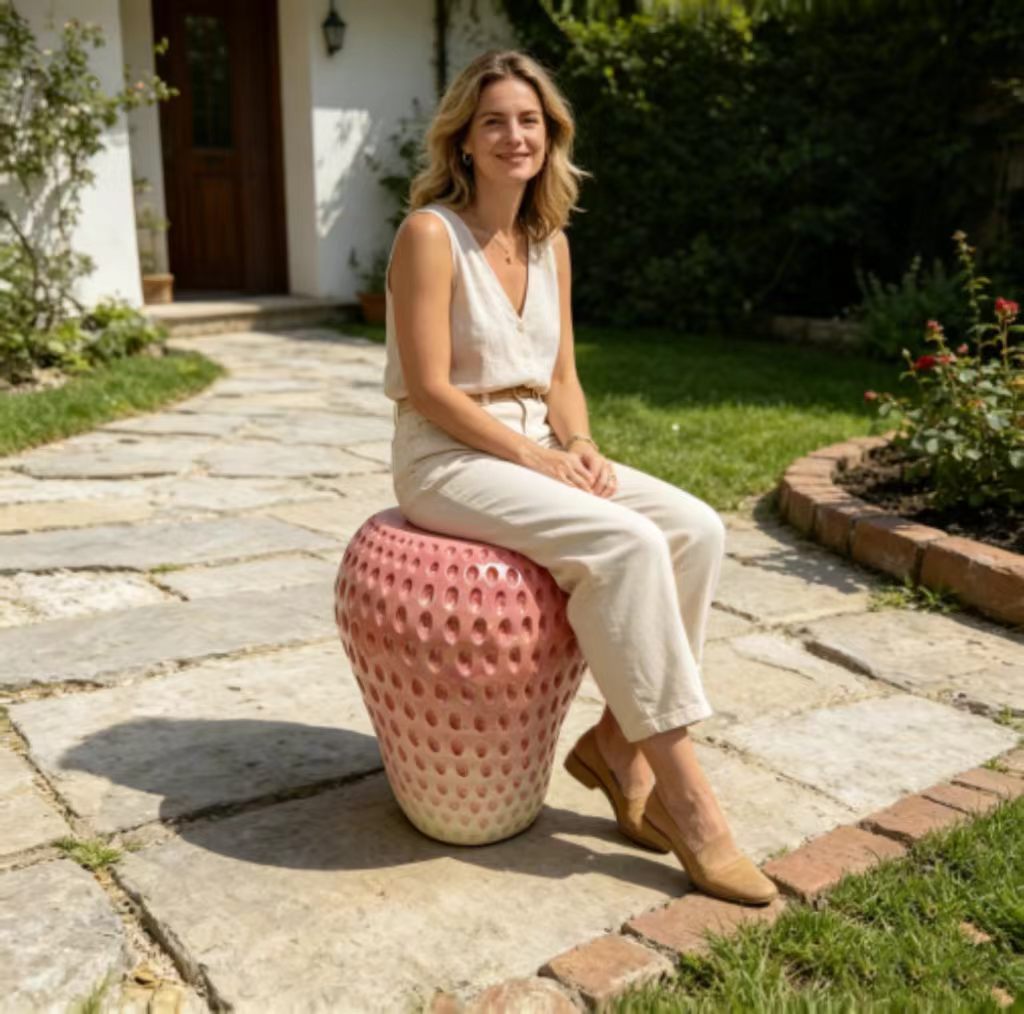 Strawberry Fruit Stool with Durable Resin Construction - Pink or Red
