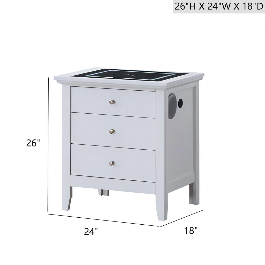 Smart 3 Drawer Nightstand with USB Charging and Integrated Speakers - White