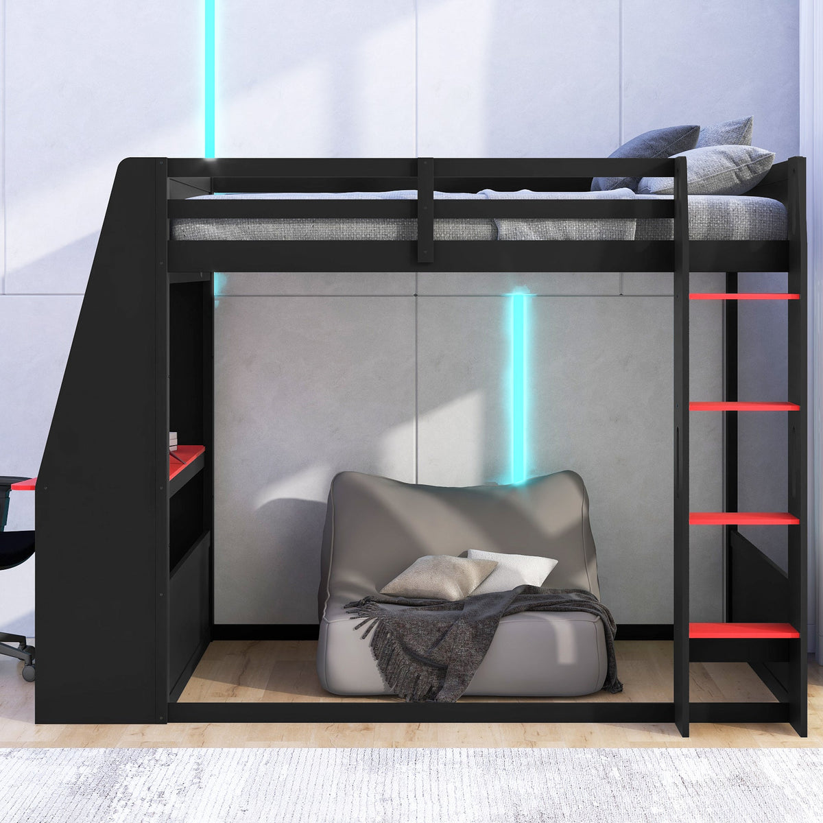 Full Size Wooden Gaming Bunk Bed with Desk and LED Light - Black/Red