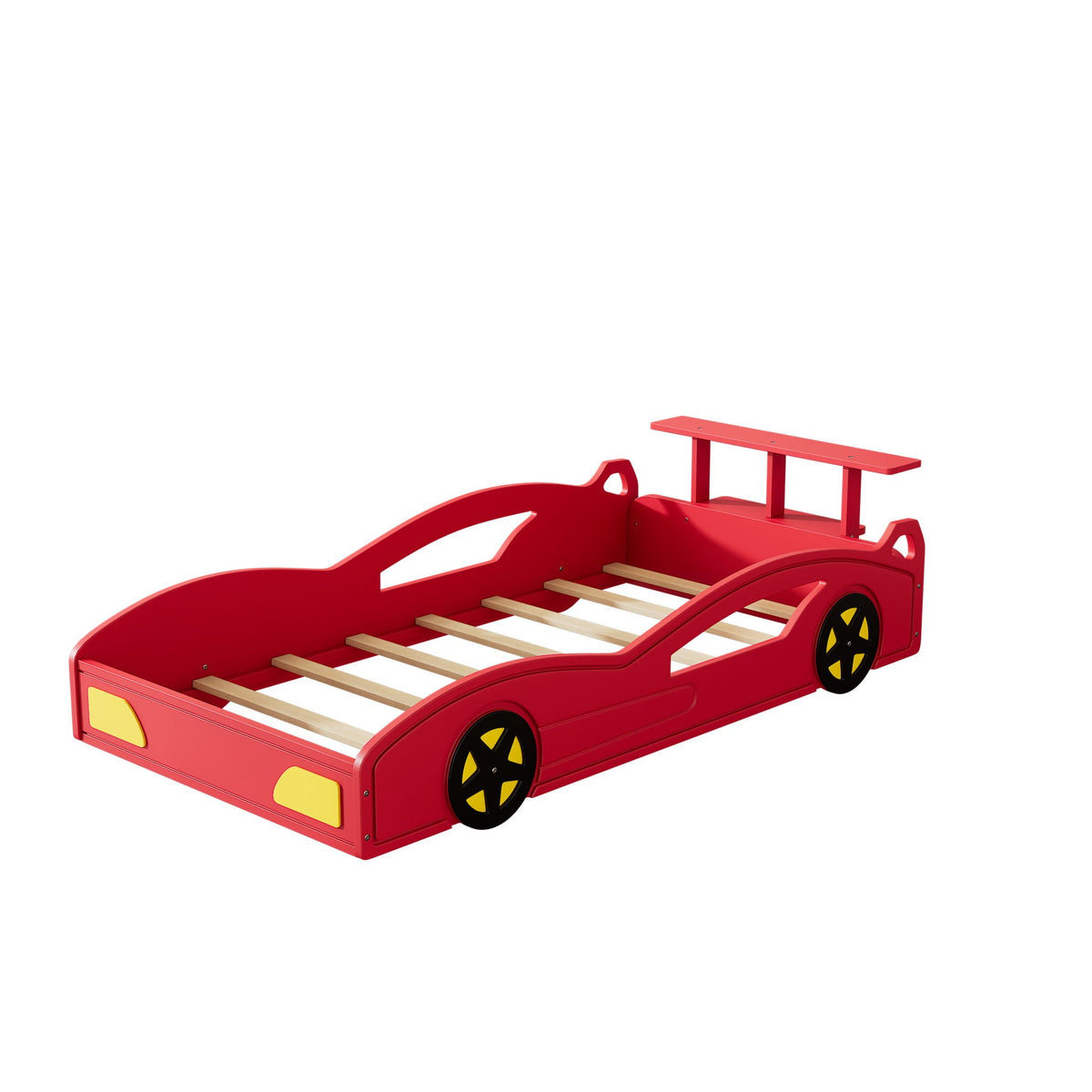 Race Car Platform Bed with Built-In Storage and Side Rails - Twin Size, Red or Blue