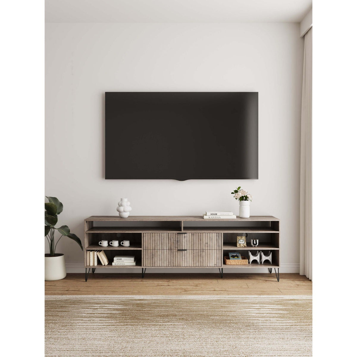 Fluted TV Stand with Storage and Metal Legs - Multiple Colors