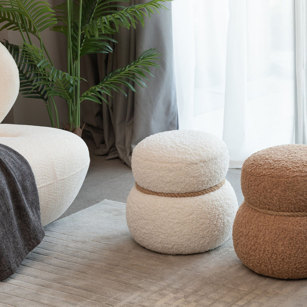 Snowman Stool Ottoman with Lamb Wool Cushion and Solid Wood Frame - White, Light Brown, Dark Green