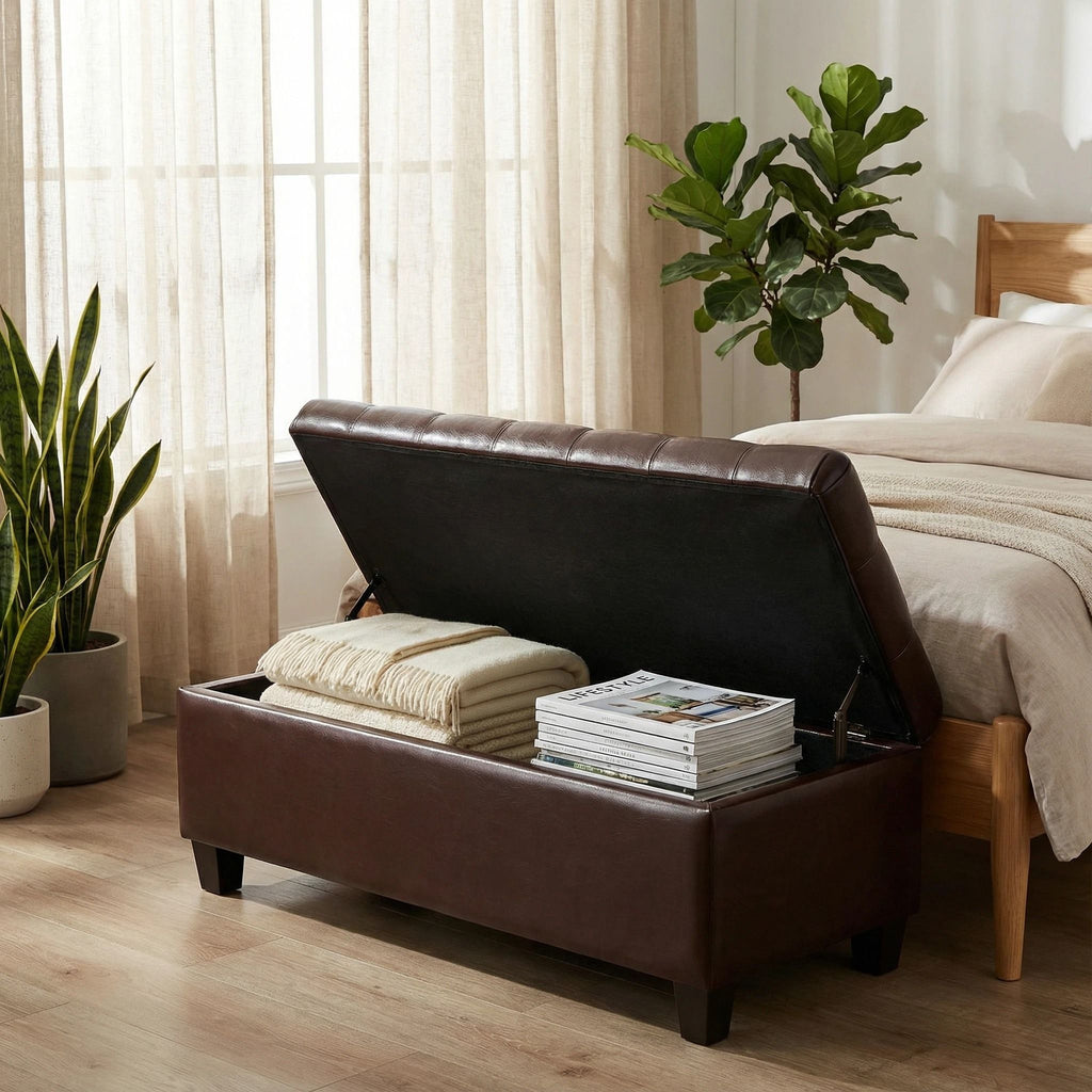 Storage Ottoman Bench with Safety Hinges - Faux Leather or Fabric