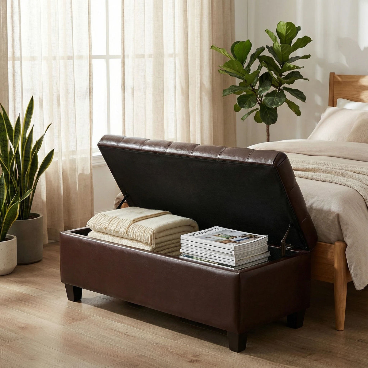 Storage Ottoman Bench with Safety Hinges - Faux Leather or Fabric