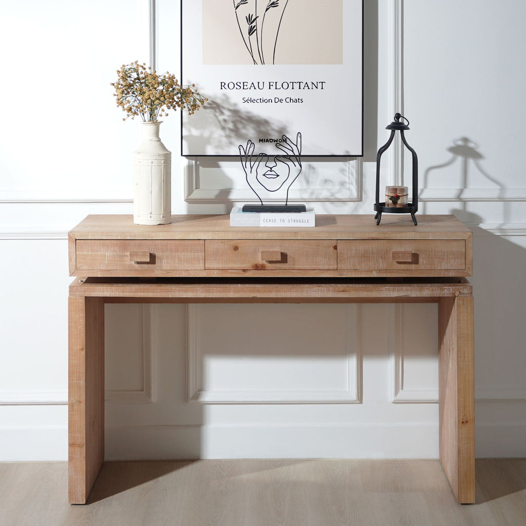Rustic Wood Console Table with Three Drawers - Natural Finish