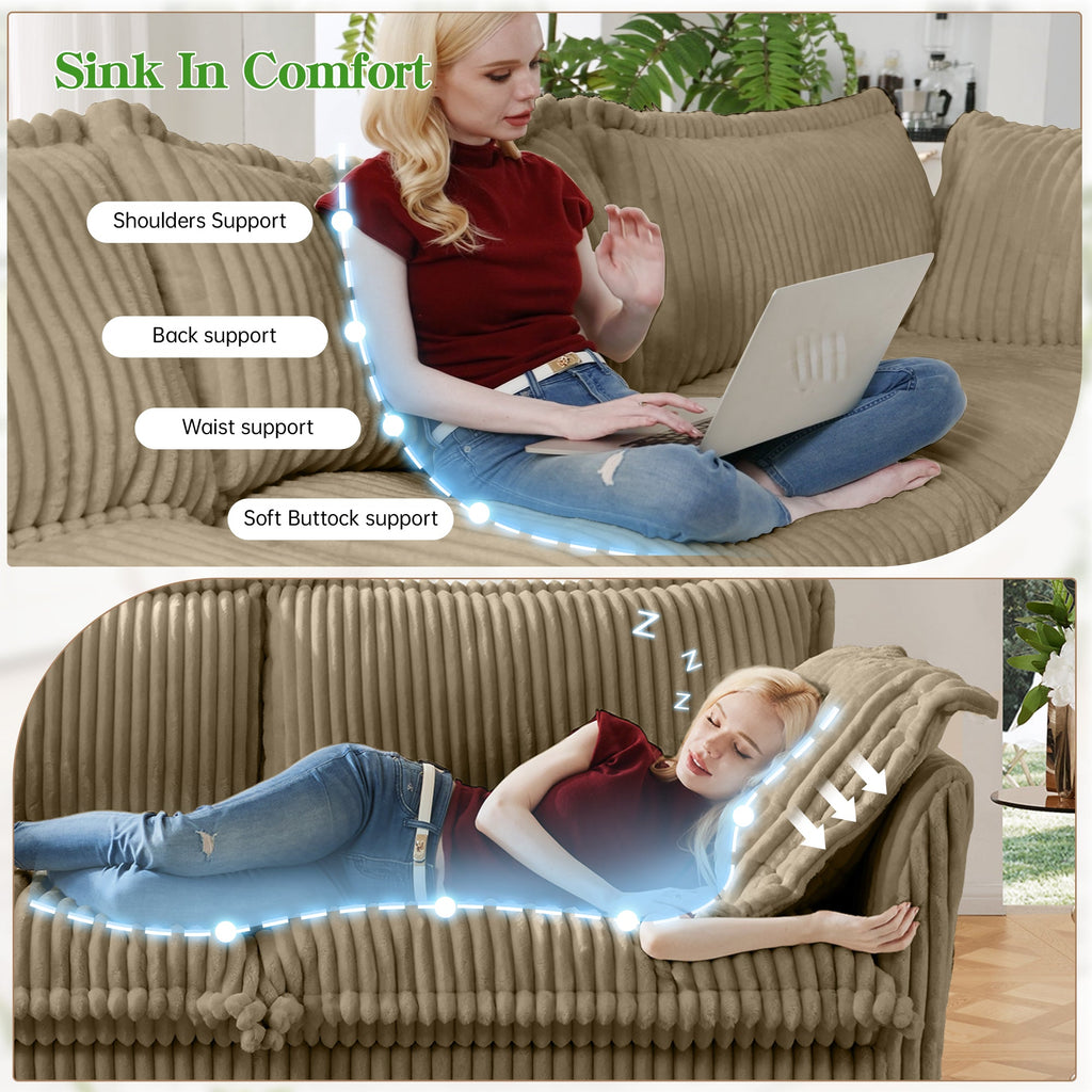 Modern 3 Seater Slipcovered Sofa with Deep Seats - Camel Corduroy