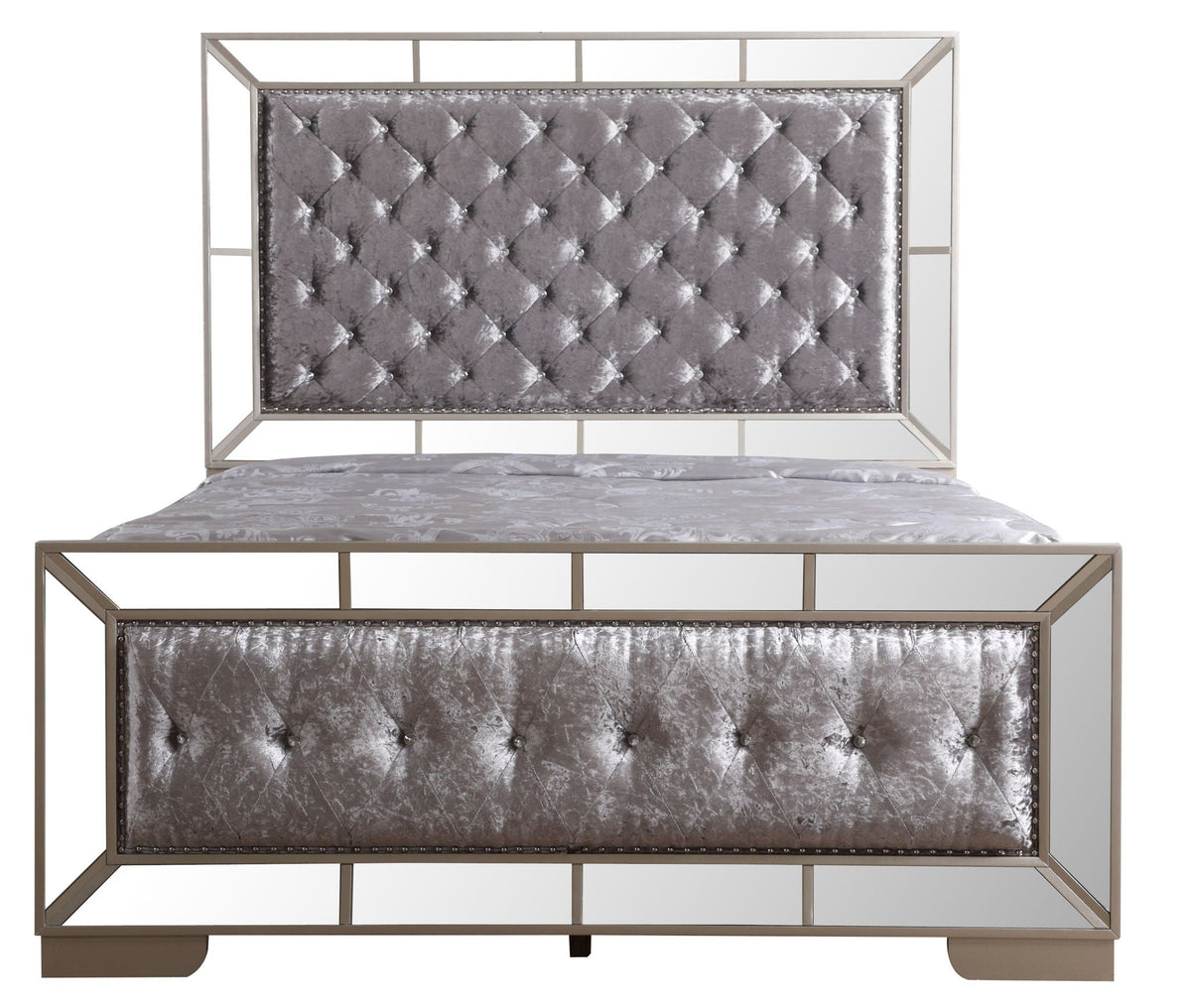 Contemporary Panel Bed with Mirrored Accents - Beige or Pearl Silver