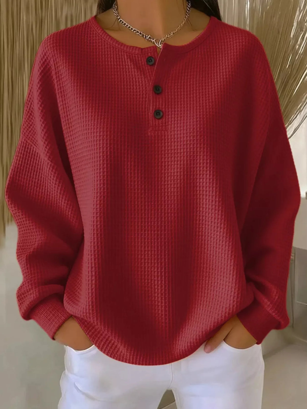Full Size Casual Waffle Knit Button Detail Pullover Plus Size