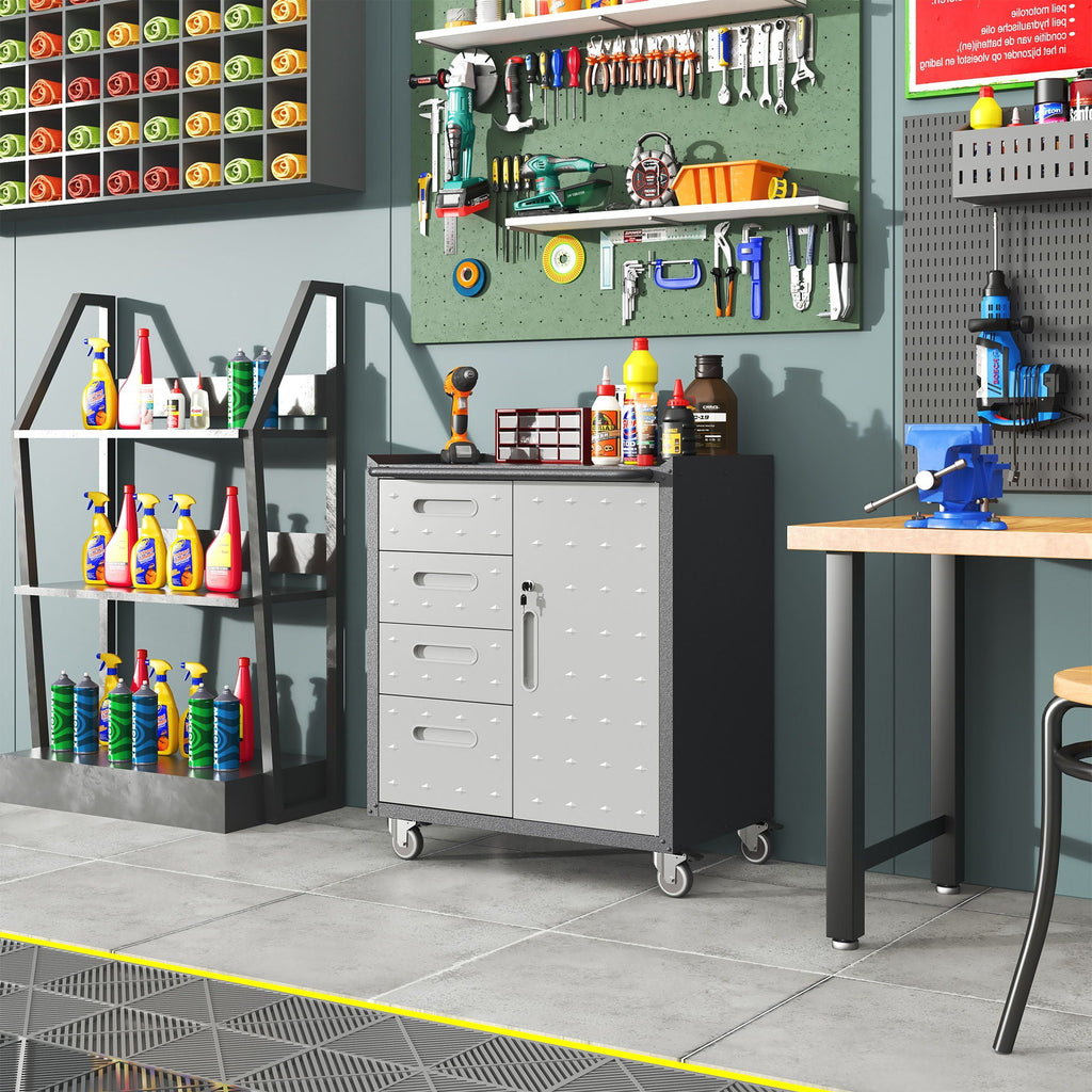 Sturdy Metal Tool Storage Cabinet with Lockable Wheels and Drawers - Gray or Black
