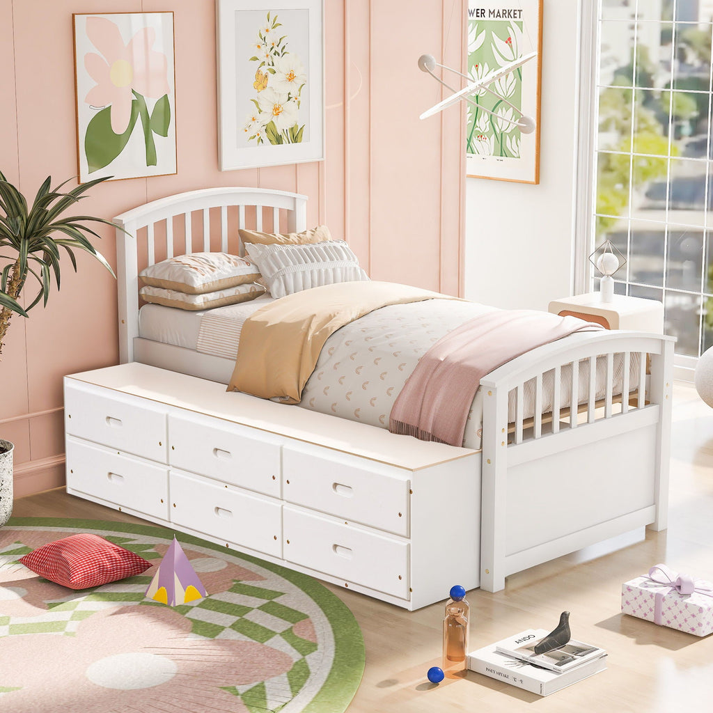 Solid Wood Twin Storage Bed with 6 Drawers - Multiple Colors