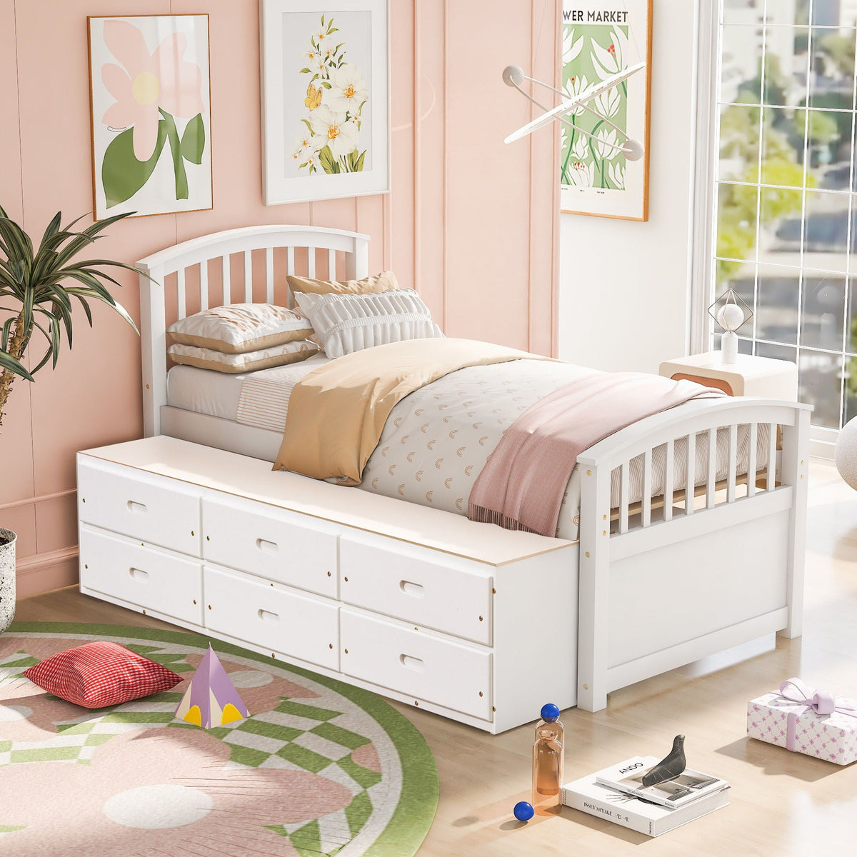 Solid Wood Twin Storage Bed with 6 Drawers - Multiple Colors