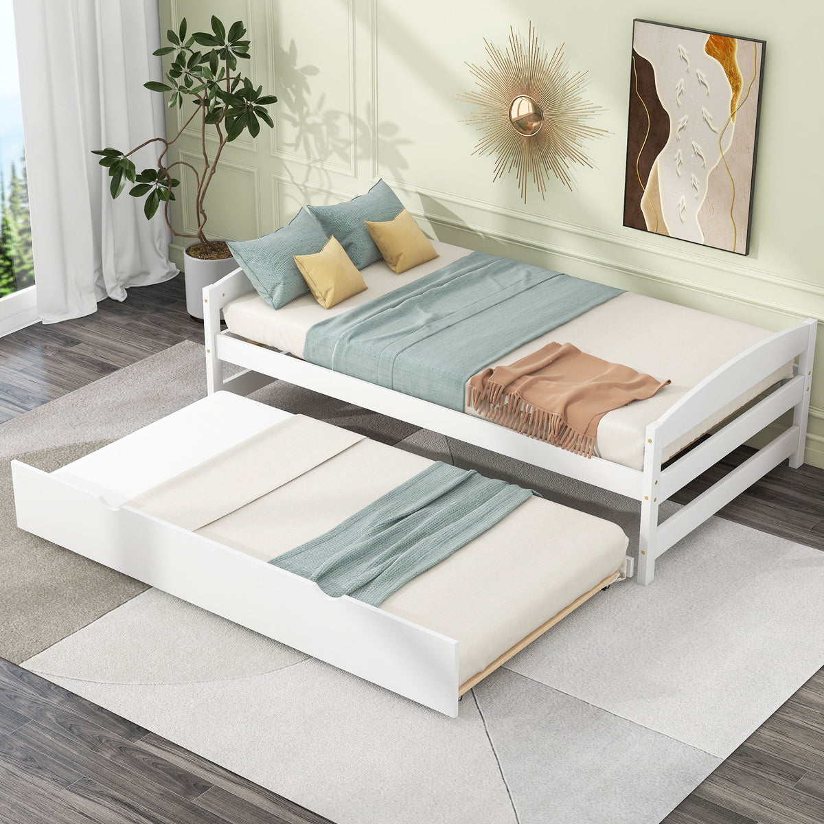 Twin Size Platform Bed with Trundle - Solid Wood Frame - Dark Gray or White