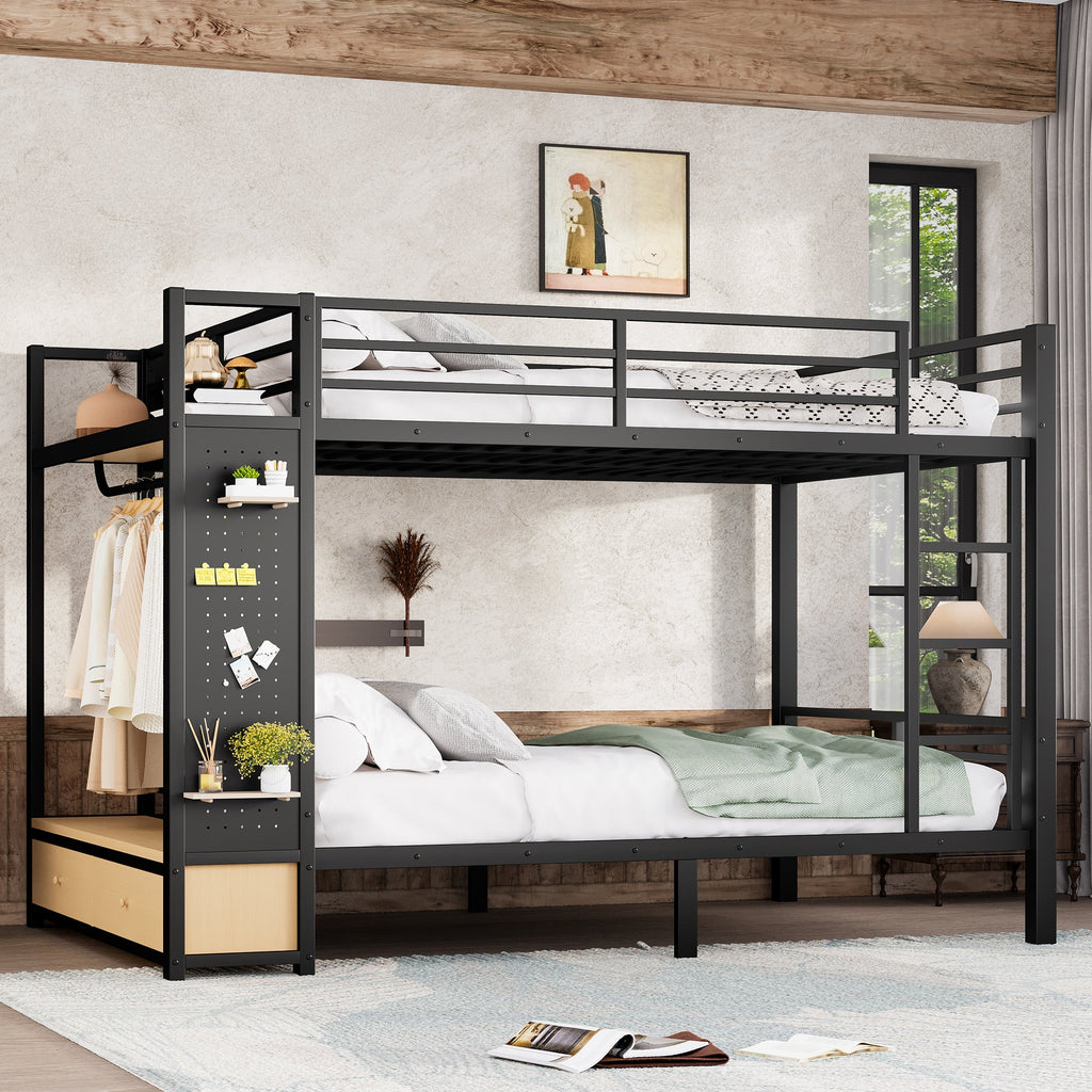 Queen Over Queen Metal Bunk Bed with Storage Shelves - Black