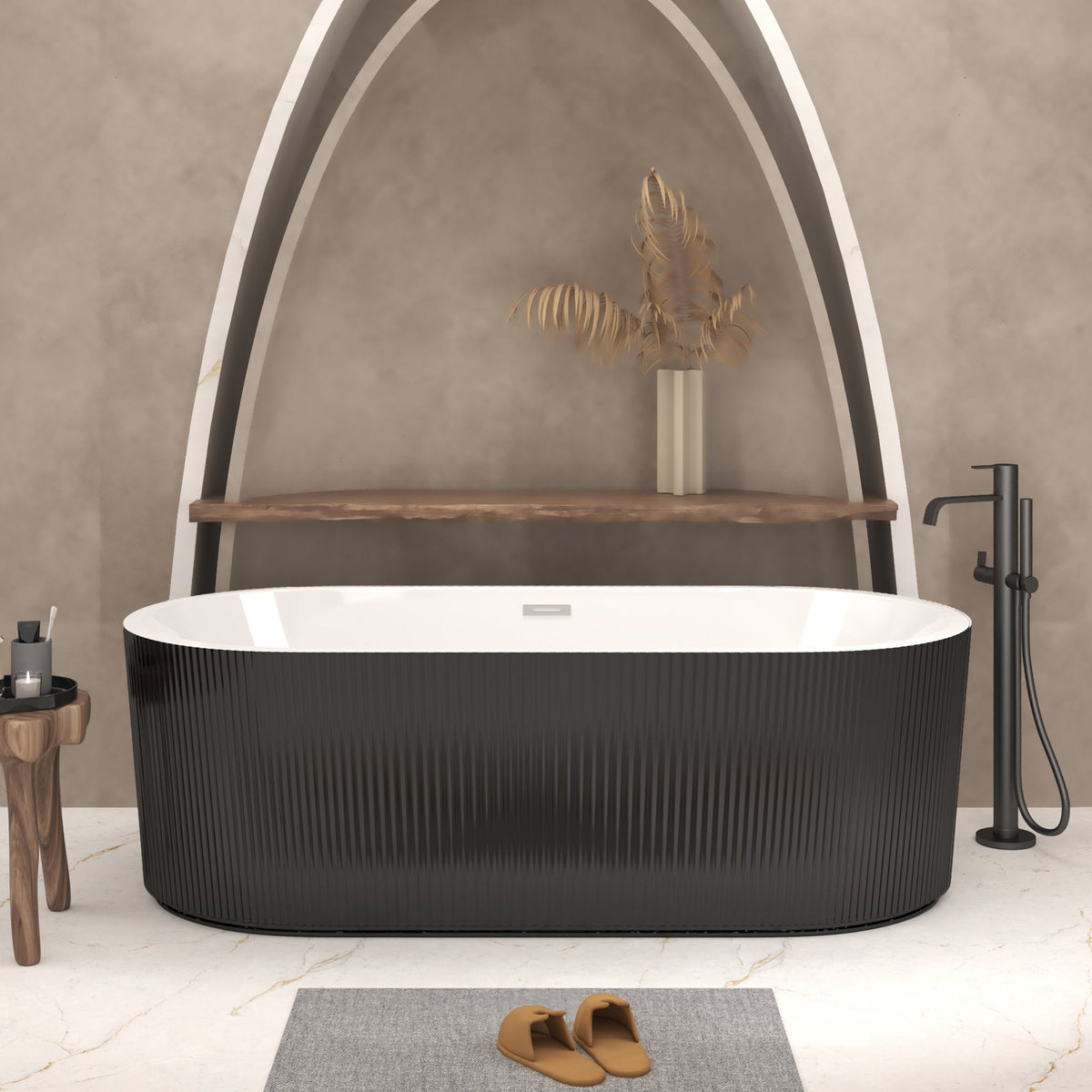 59-Inch Linear Acrylic Freestanding Soaker Bathtub with Ergonomic Design - Black
