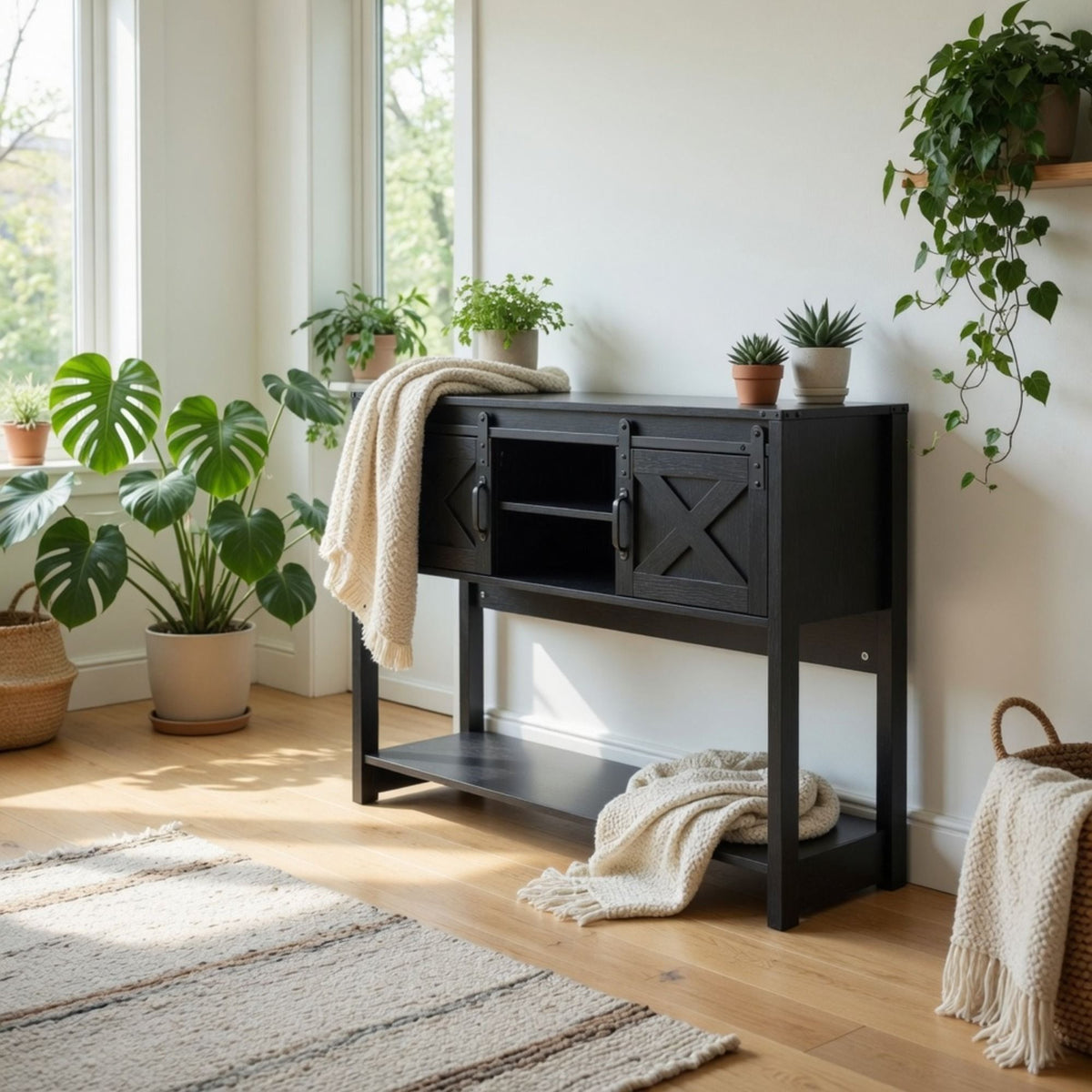 Farmhouse Entryway Table with Sliding Barn Door - Gray, Dark Gray, White, Black
