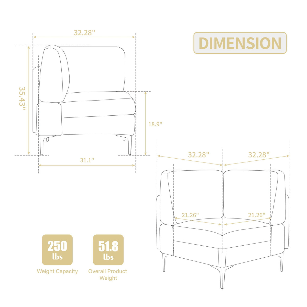 Modular Sectional Sofa Corner Seat with Versatile Configuration - Gray or Beige