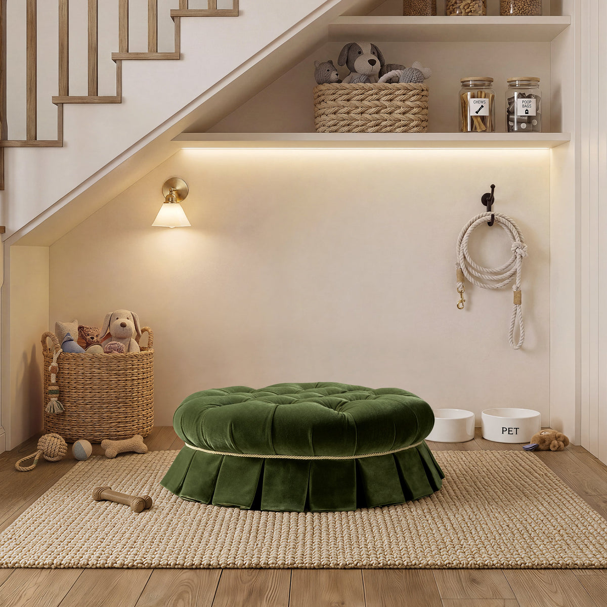 Roquefort Velvet Dog Sofa Bed with Tufted Design - Olive