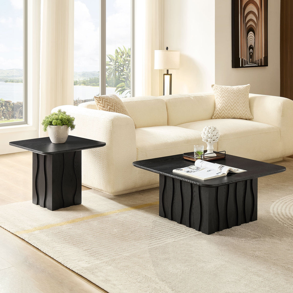 Nesting Square Coffee Table Set with Wavy Fluted Base - Wood Veneer