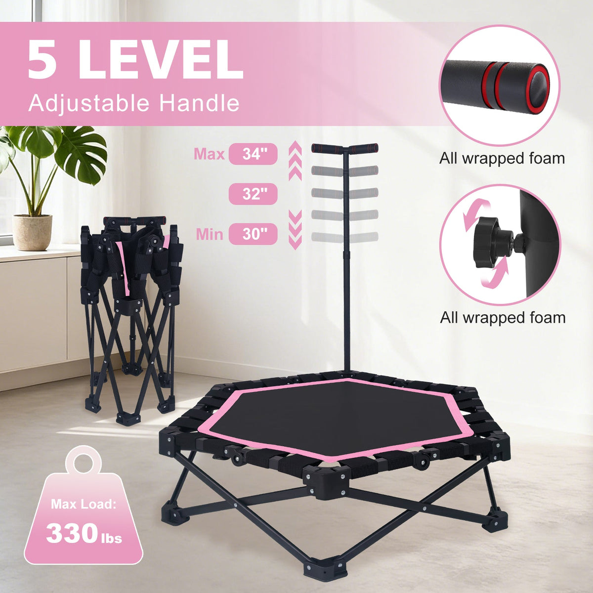 42" Foldable Mini Trampoline with Adjustable T-Bar - Steel and Nylon