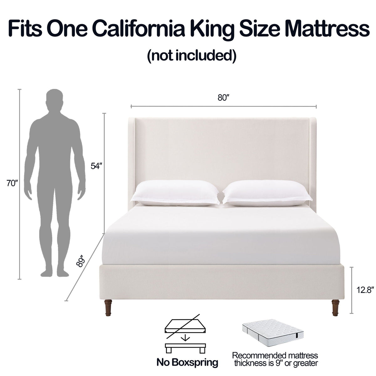 Tall Headboard Upholstered Bed with No Box Spring Needed - Cream