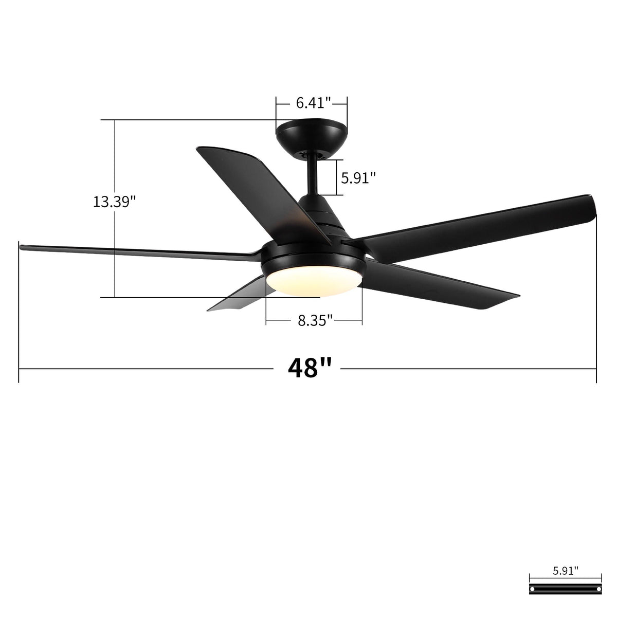 48" Black Ceiling Fan with Dimmable LED Light and Remote Control - Reversible Motor