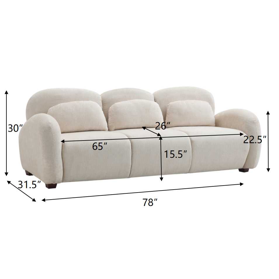 Modern 3 Seater Boucle Sofa with Wooden Frame and 3 Pillows - 78 in.