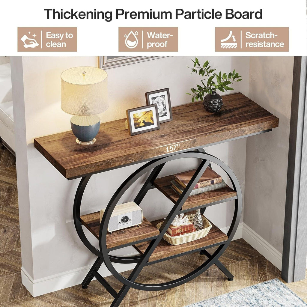 4 Tier Entryway Console Table with Geometric Circle Frame & Storage Shelves - Rustic Brown