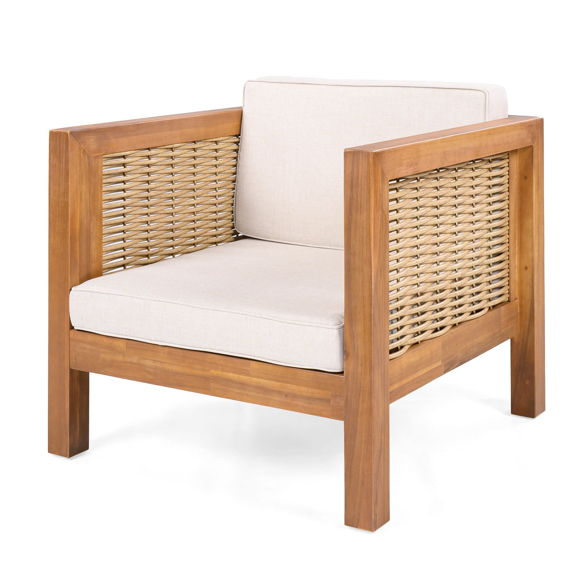 Outdoor Club Chair with Rope Arm and Cushions - Beige Teak