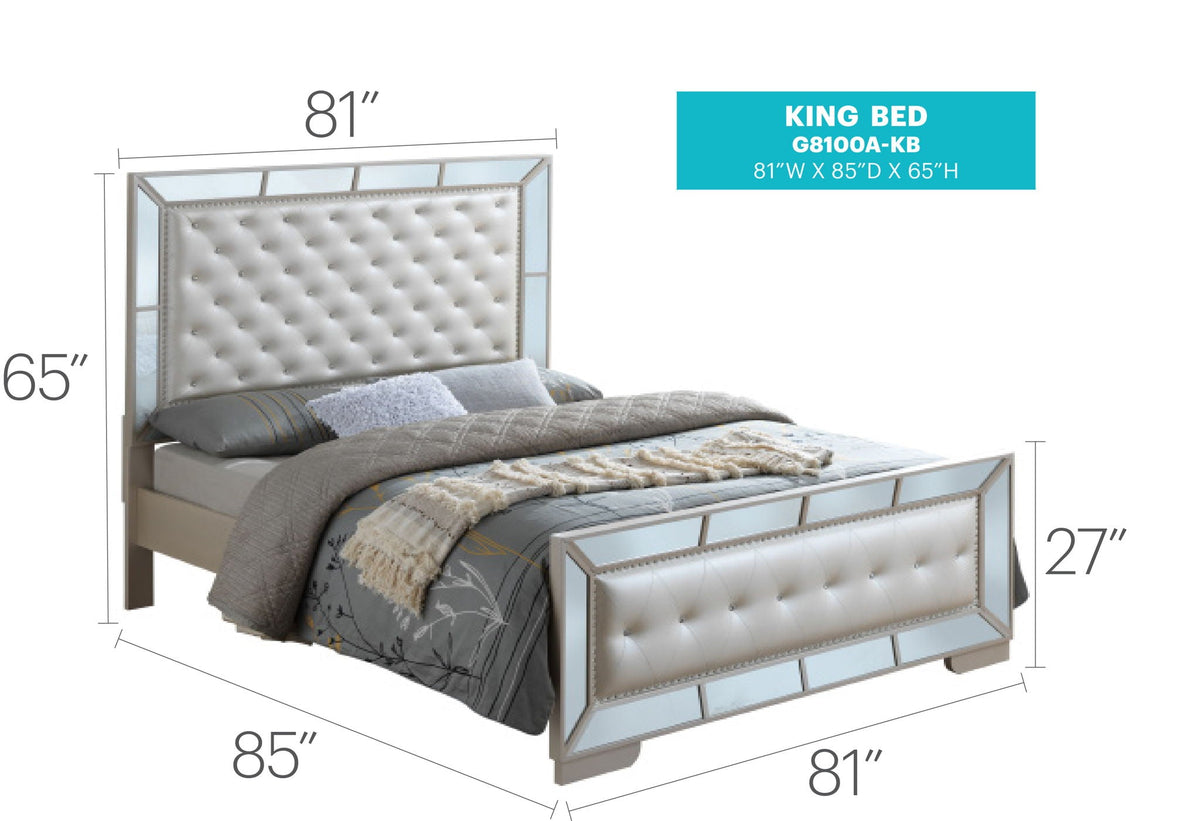 Contemporary Panel Bed with Mirrored Accents - Beige or Pearl Silver