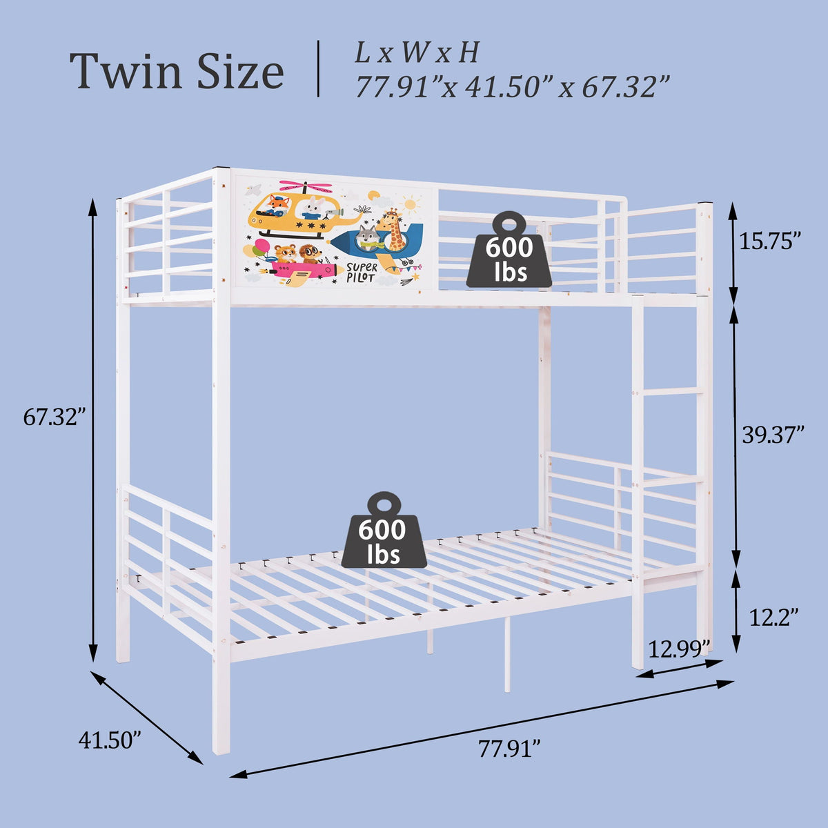 White Convertible Twin Bunk Bed with Full Length Guardrail & Ladder
