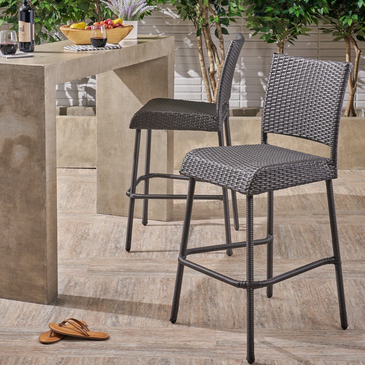29" Outdoors PE Rattan Armless Barstools with Woven Finish - Grey