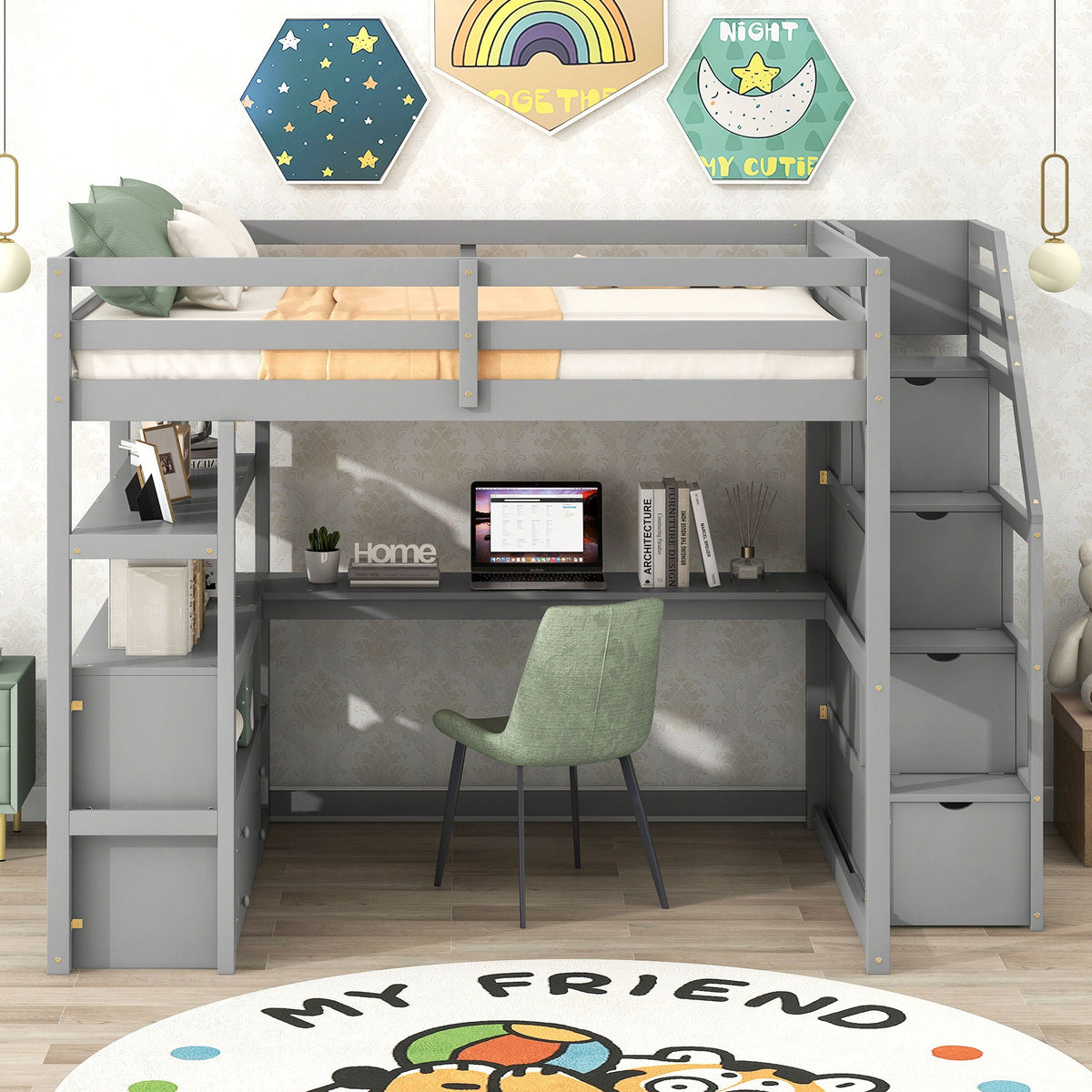 Loft Bed with Desk and Storage Staircase - Full or Twin, White or Gray