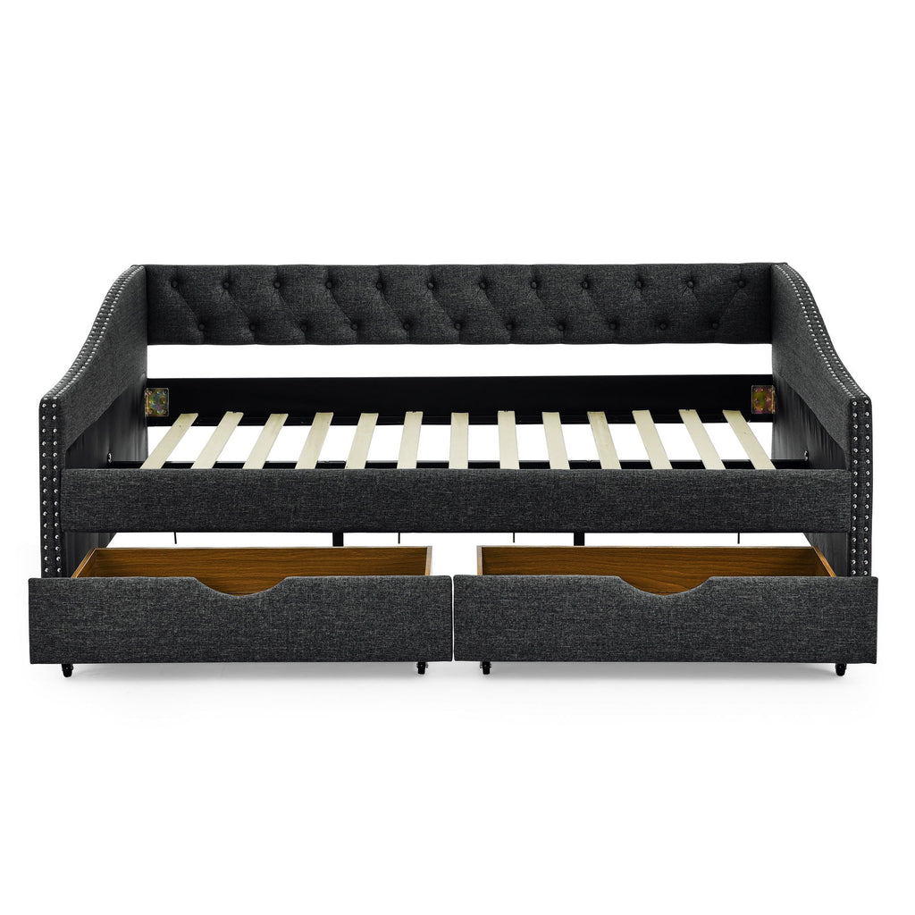 Upholstered Tufted Daybed with 2 Drawers and Waved Arms - Multiple Colors