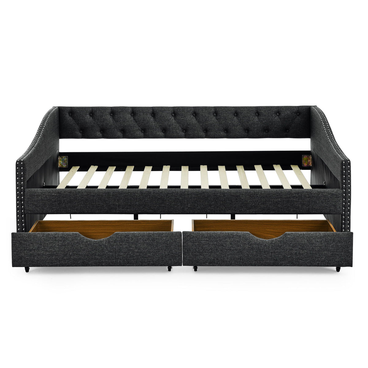 Upholstered Tufted Daybed with 2 Drawers and Waved Arms - Multiple Colors