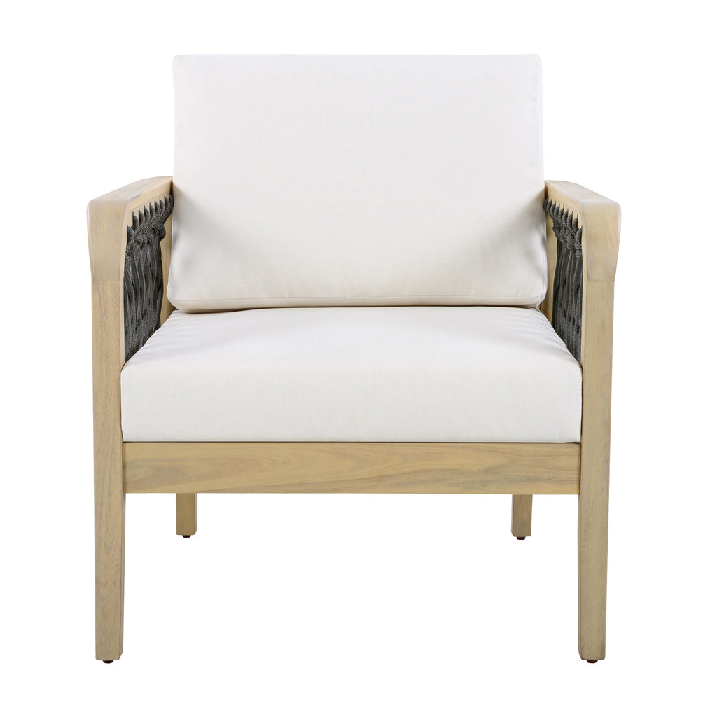 Outdoor Acacia Wood Club Chair with Handwoven Rope Armrests - Cream